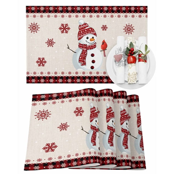 Christmas Placemats Set of 4, Snowman Cardinal Place Mats Snowflake Buffalo Plaid Placemat Table Decoration for Kitchen Table Dinner Xmas Holiday Party Home Decor Indoor Outdoor 13x19 Inch