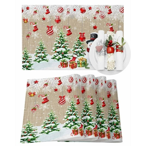Christmas Placemats Set of 4, Snowman Christmas Tree Balls Place Mats Snowflake Socks Linen Placemat Table Decoration for Kitchen Table Dinner Xmas Holiday Party Home Decor Indoor Outdoor 13x19 Inch