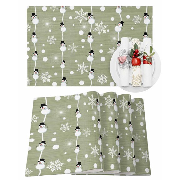 Christmas Placemats Set of 4, Snowman Lines Place Mats Winter Snowflake Sage Green Placemat Table Decoration for Kitchen Table Dinner Xmas Holiday Party Home Decor Indoor Outdoor 13x19 Inch