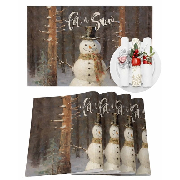 Christmas Placemats Set of 4, Snowman Place Mats Branches Forest Placemat Table Decoration for Kitchen Table Dinner Xmas Holiday Party Home Decor Indoor Outdoor 13x19 Inch