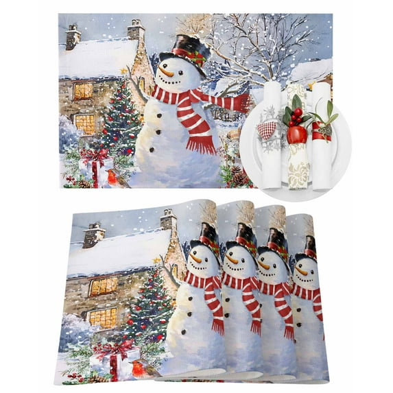 Christmas Placemats Set of 4, Snowman Place Mats Christmas Tree Snowflake Snowy Scenery Placemat Table Decoration for Kitchen Table Dinner Xmas Holiday Party Home Decor Indoor Outdoor 13x19 Inch