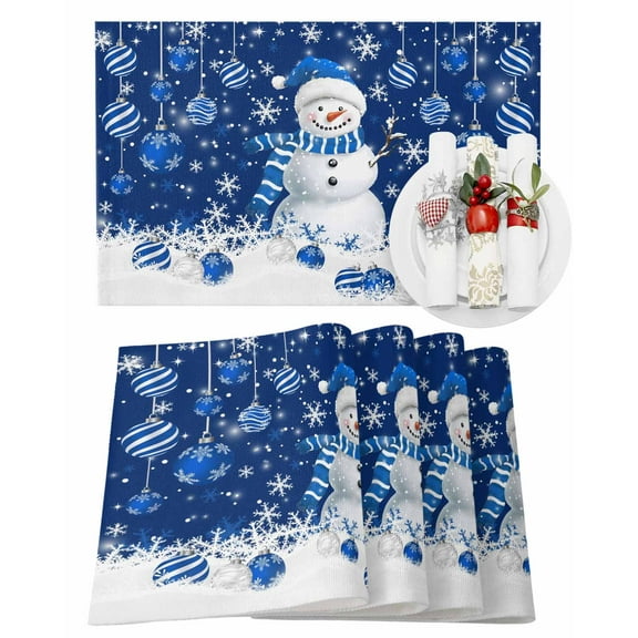 Christmas Placemats Set of 4, Snowman Place Mats Snowflake Blue Christmas Balls Placemat Table Decoration for Kitchen Table Dinner Xmas Holiday Party Home Decor Indoor Outdoor 13x19 Inch