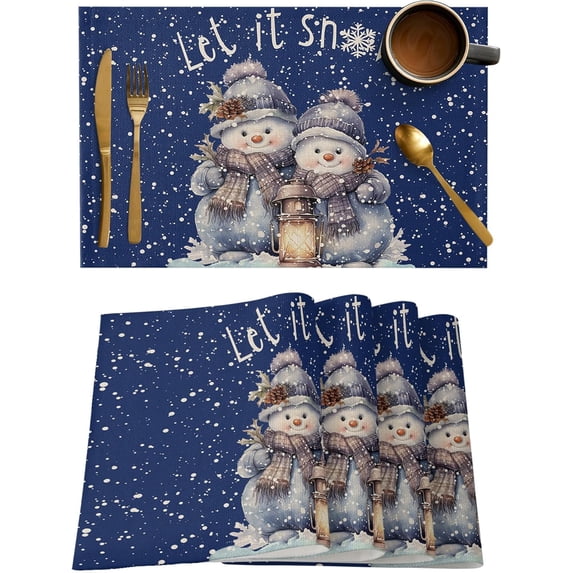 Christmas Placemats Set of 4, Snowman Placemat for Dining Table Decorations, Cotton Linen Snowflake Blue Place Mats, Xmas Table Mats for Kitchen Dinner Holiday Party Decor Gift