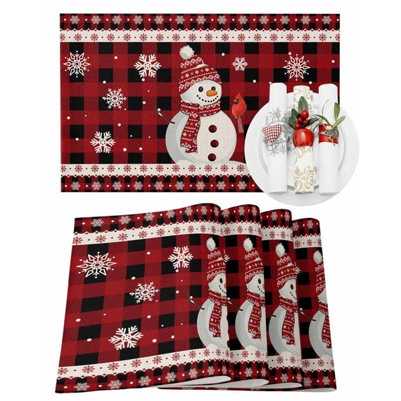 Christmas Placemats Set of 4, Snowman Snowflake Place Mats Buffalo Plaid Cardinal Bird Placemat Table Decoration for Kitchen Table Dinner Xmas Holiday Party Home Decor Indoor Outdoor 13x19 Inch