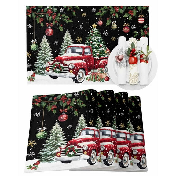Christmas Placemats Set of 4, Snowman Truck Place Mats Berry Holly Christmas Tree Balls Black Placemat Table Decoration for Kitchen Table Dinner Xmas Holiday Party Decor Indoor Outdoor 13x19 Inch