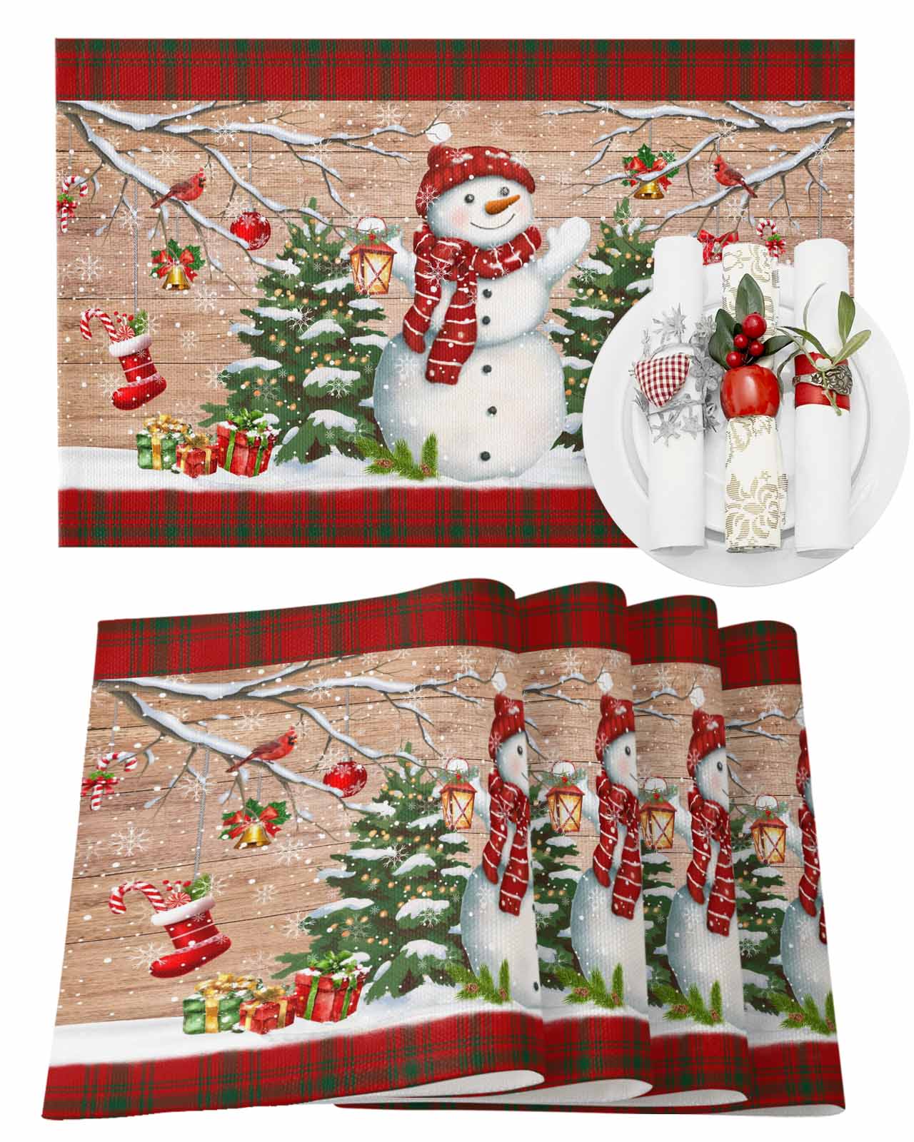 Christmas Placemats Set of 4, Snowman Xmas Tree Place Mats Gift Box ...