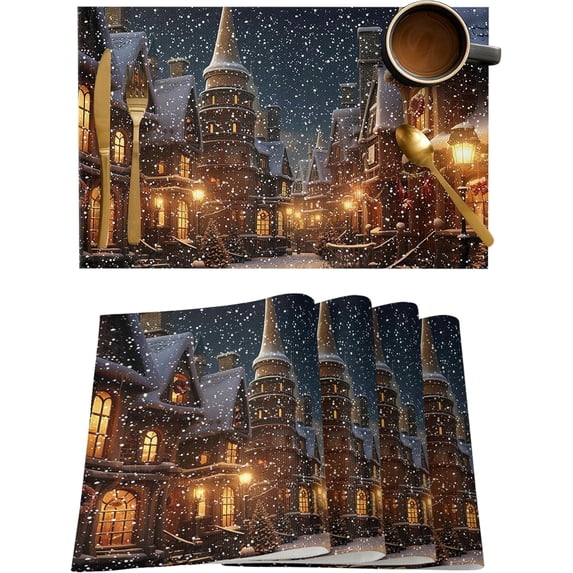 Christmas Placemats Set of 4, Vintage Painting Street Winter Placemat for Dining Table Decorations, Cotton Linen Snow Town Place Mats, Xmas Table Mats for Kitchen Dinner Holiday Party Decor Gift