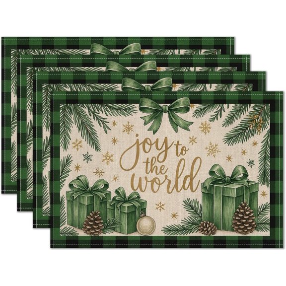 Christmas Placemats Set of 4 Washable Linen Table Mats 12x18 Inch with Green Gift Boxes Pine Cones Print Table Placemats Set of 4 for Holiday Dining Kitchen Decor