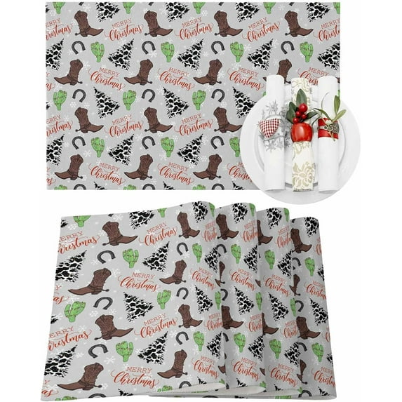 Christmas Placemats Set of 4 Western Cowboy Boots Christmas Placemats for Dining Table Western Cowboy Boots Cactus Table Mat Winter Holiday Home Party Kitchen Table Decorations