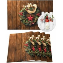 Christmas Placemats Set of 4 Western Texas Star Christmas Wreath Christmas Placemats for Dining Table Cowboy Hat Table Mat Winter Holiday Home Party Kitchen Table Decorations