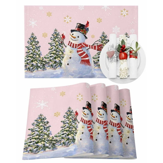 Christmas Placemats Set of 4 Winter Xmas Snowman Pine Tree Snowflakes Pink Heat Insulation Washable Place Mats, Rustic Non-Slip Table Mats for Dining Table Party Kitchen Decor,13x19 Inch