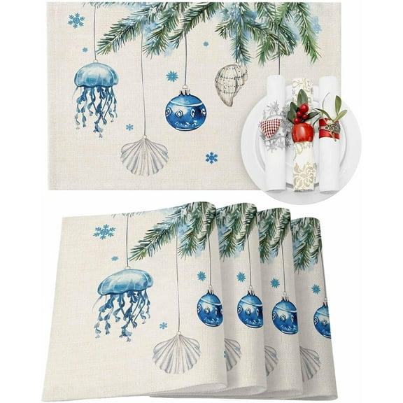 Christmas Placemats Set of 4 Xmas Balls Starfish Christmas Placemats for Dining Table Pine Needles Marine Life Snowy Beige Table Mat Winter Holiday Home Party Kitchen Table Decorations