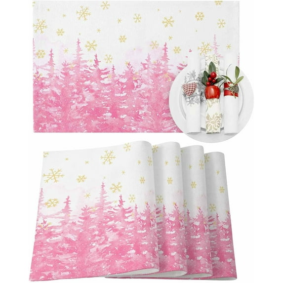 Christmas Placemats Set of 4 Xmas Tree Forest Pink Christmas Placemats for Dining Table Snowflake Table Mat Winter Holiday Home Party Kitchen Table Decorations