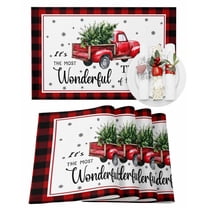 Christmas Placemats Set of 4, Xmas Tree Red Truck Place Mats Snowflake Black Red Buffalo Plaid Placemat Table Decoration for Kitchen Table Dinner Xmas Holiday Party Decor Indoor Outdoor 13x19 Inch