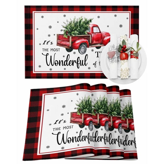 Christmas Placemats Set of 4, Xmas Tree Red Truck Place Mats Snowflake Black Red Buffalo Plaid Placemat Table Decoration for Kitchen Table Dinner Xmas Holiday Party Decor Indoor Outdoor 13x19 Inch