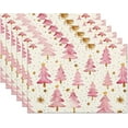 thumbnail image 1 of Christmas Placemats Set of 6, 12x18 Inch Pink Merry Christmas Trees Heat-Resistant Place Mats, Seasonal Winter Table Decors for Farmhouse Kitchen Dining Xmas Holiday Party, 1 of 6