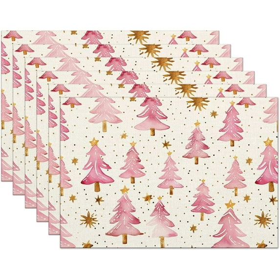 Christmas Placemats Set of 6, 12x18 Inch Pink Merry Christmas Trees Heat-Resistant Place Mats, Seasonal Winter Table Decors for Farmhouse Kitchen Dining Xmas Holiday Party