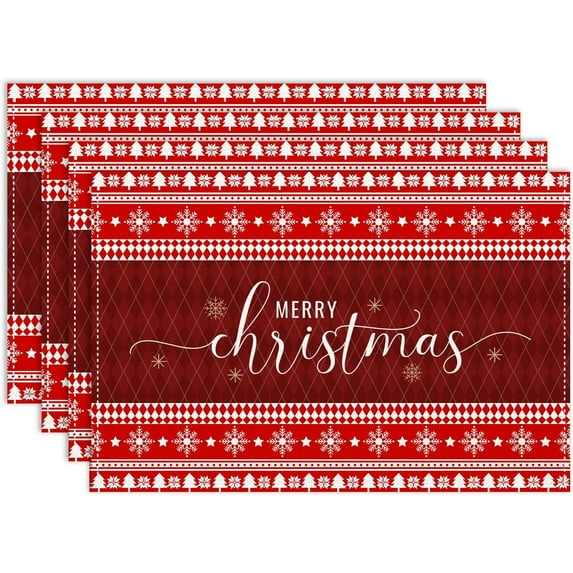 Christmas Placemats Set of 6, 12x18 Inch Red Buffalo Plaid Winter Xmas Pine Tree Snowflakes Retro Checked Farmhouse Seasonal Heat Resistant Table Mats for Dining Kitchen Birthday Party Holiday Decor