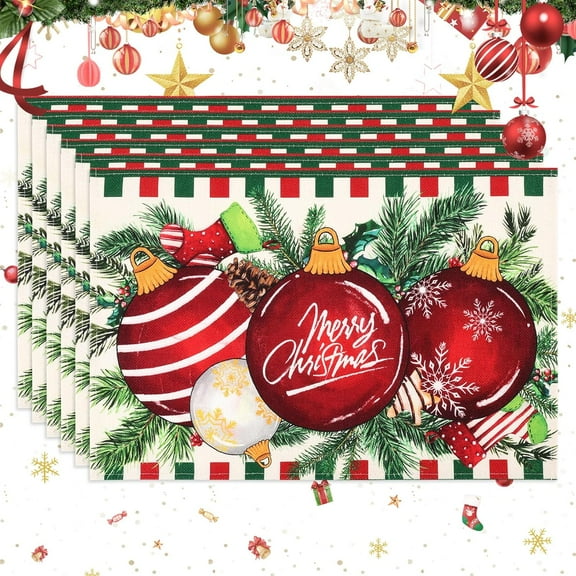 Christmas Placemats Set of 6, 12x18 Inch Red and Green Buffalo Check Plaid with Christmas Ball Ornaments, Christmas Table Mats for Holiday Winter Xmas Kitchen Dining Table Decor