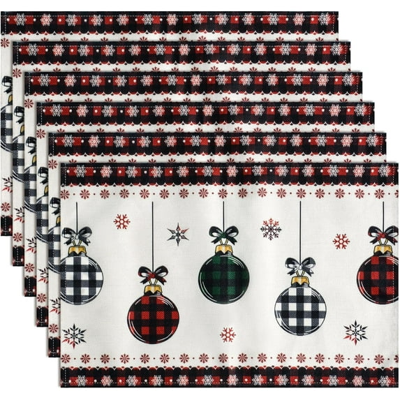 Christmas Placemats Set of 6, Buffalo Plaid Xmas Colorful Lights Table Mats for Dining Table Decorations, Thick Woven Cotton Linen Holiday Place Mats, 18 × 12 Inch