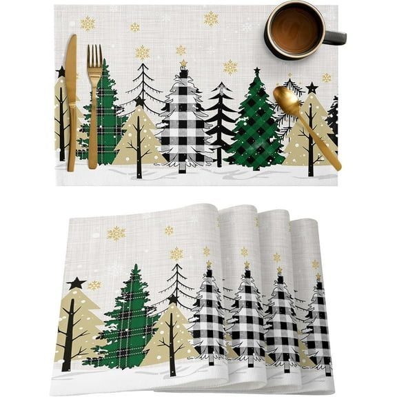 Christmas Placemats Set of 6 Buffalo Plaid Xmas Tree Place Mats Golden Snowflake Placemat Washable Snow Forest Table Mats for Dining Kitchen Holiday Dinner Party Home Decor 13x19 Inch