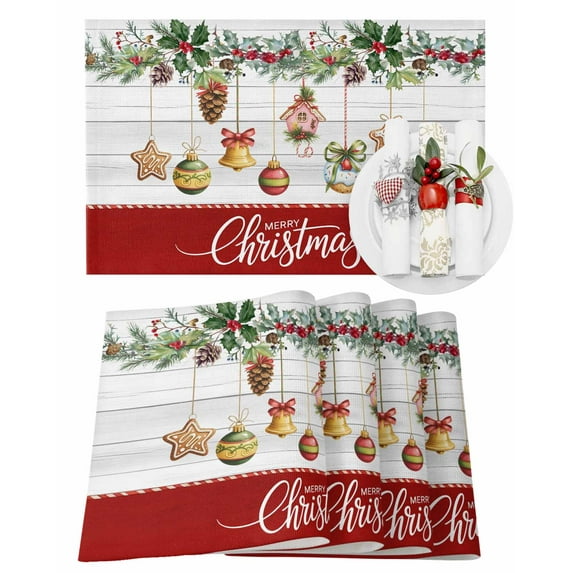 Christmas Placemats Set of 6, Christmas Bell Balls Place Mats Holly Berry Pine Cones Wood Placemat Table Decoration for Kitchen Table Dinner Xmas Holiday Party Home Decor Indoor Outdoor 13x19 Inch