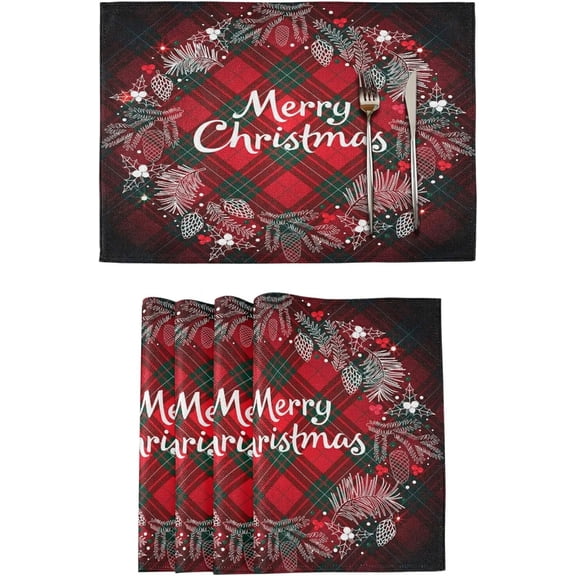 Christmas Placemats Set of 6 Christmas Monogram Wreath Tartan Plaid Placemat Table Place Mats for Dining Kitchen Table Easy to Clean Washable 12" x 18"