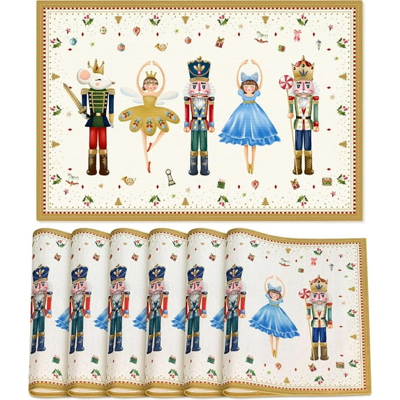 Christmas Placemats Set of 6, Christmas Nutcracker Table Mats Kitchen Mat for Dining Table, Washable Linen Nutcracker Dining Place Mat Table Decoration for Holiday Decor, 12 x 18inch(Christmas-02)