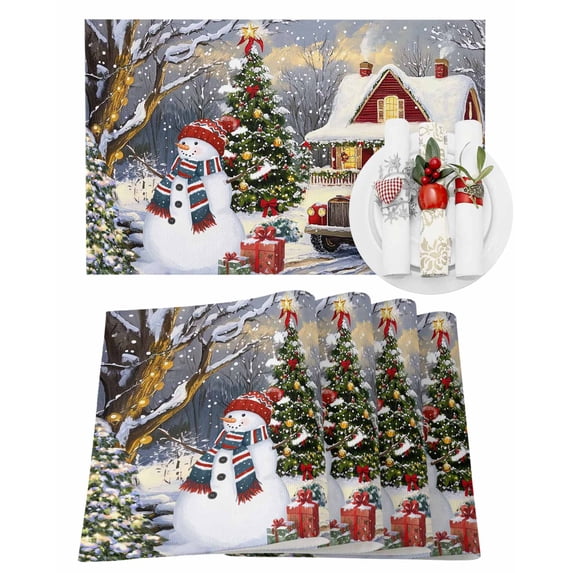 Christmas Placemats Set of 6, Christmas Tree Snowman Place Mats Red Truck Squirrel Placemat Table Decoration for Kitchen Table Dinner Xmas Holiday Party Home Decor Indoor Outdoor 13x19 Inch