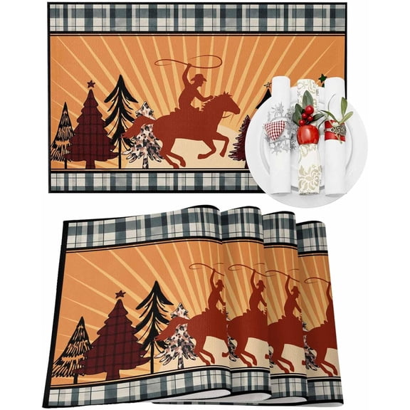 Christmas Placemats Set of 6 Cowboy Riding Horse Western Christmas Placemats for Dining Table Christmas Tree Plaid Table Mat Winter Holiday Home Party Kitchen Table Decorations