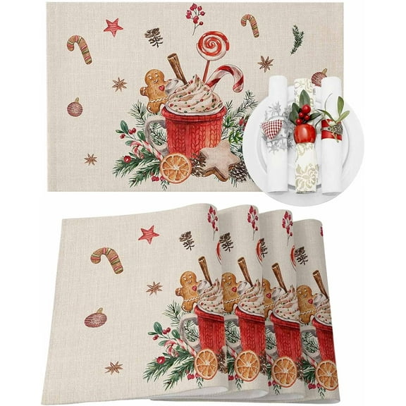Christmas Placemats Set of 6 Gingerbread Candy Cane Christmas Placemats for Dining Table Xmas Ball Ice Cream Table Mat Winter Holiday Home Party Kitchen Table Decorations