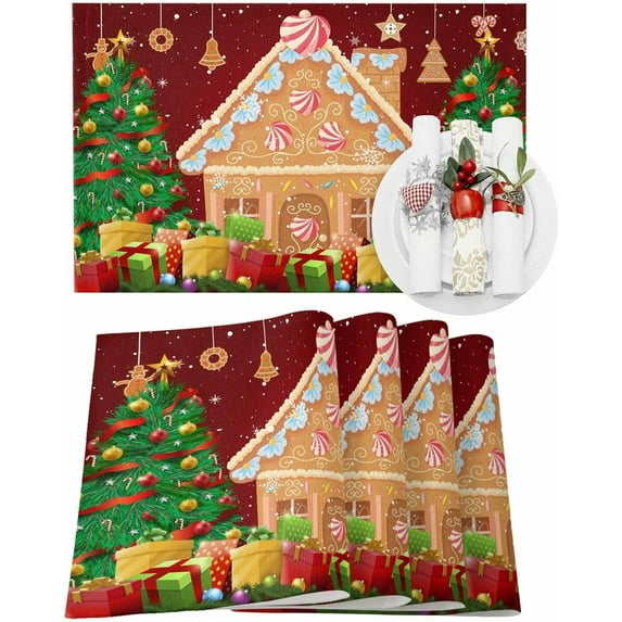 Christmas Placemats Set of 6 Gingerbread House Christmas Placemats for Dining Table Red Pine Tree Snowflake Table Mat Winter Holiday Home Party Kitchen Table Decorations