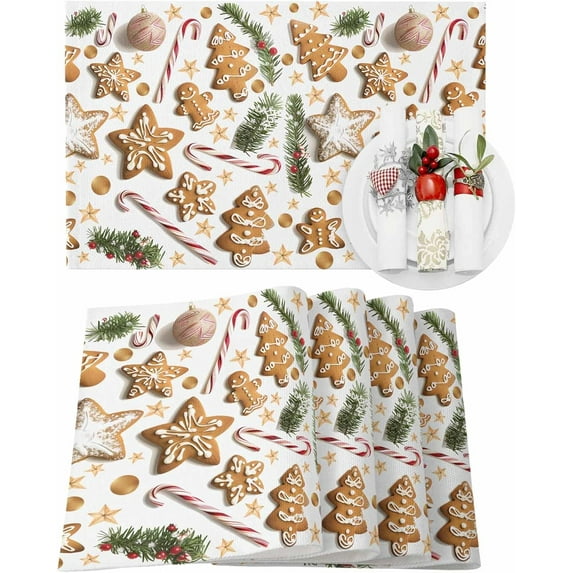 Christmas Placemats Set of 6 Gingerbread Man Christmas Placemats for Dining Table Brown Biscuit Leaf Branch Star Table Mat Winter Holiday Home Party Kitchen Table Decorations