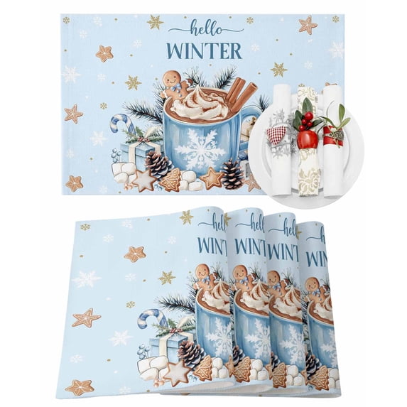 Christmas Placemats Set of 6, Gingerbread Man Place Mats Hot Cocoa Cookie Blue Hello Winter Placemat Table Decoration for Kitchen Table Dinner Xmas Holiday Party Home Decor Indoor Outdoor 13x19 Inch
