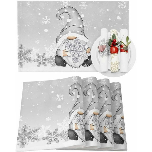 Christmas Placemats Set of 6 Gnome Gray Snowflake Christmas Placemats for Dining Table Snow Table Mat Winter Holiday Home Party Kitchen Table Decorations