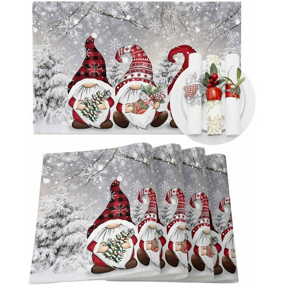 Christmas Placemats Set of 6 Gnome Xmas Tree Socks Christmas Placemats for Dining Table Forest Branch Snowflake Table Mat Winter Holiday Home Party Kitchen Table Decorations
