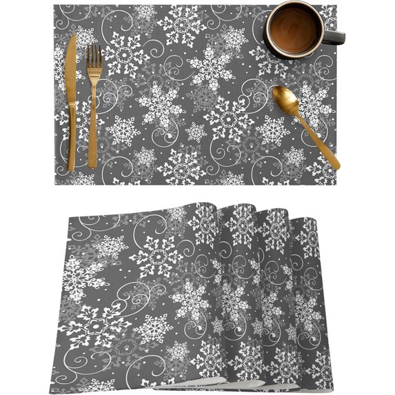 Christmas Placemats Set of 6, Grey White Snowflakes Pattern Heat Resistant Washable Table Place Mats Winter Cotton Table Linens Party Holiday Decor for Kitchen Dining Outdoor Indoor