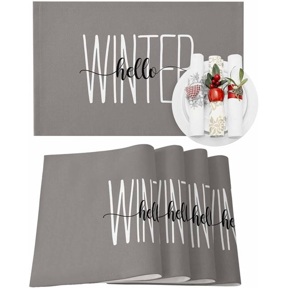 Christmas Placemats Set of 6 Hello Winter Christmas Placemats for Dining Table Gray Theme Table Mat Winter Holiday Home Party Kitchen Table Decorations