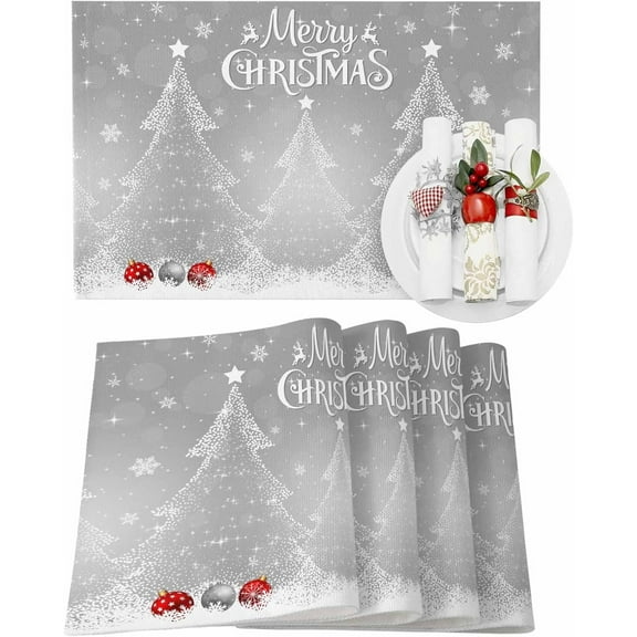 Christmas Placemats Set of 6 Merry Christmas Tree Christmas Placemats for Dining Table Snowflake Xmas Balls Gray Table Mat Winter Holiday Home Party Kitchen Table Decorations