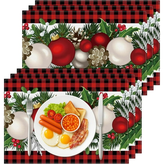 Christmas Placemats Set of 6,Red and Black Buffalo Check Plaid Christmas Table Place Mats,12x18 Inch Winter Xmas Holiday Kitchen Dining Tables Mats Set of 6 for Indoor Outdoor Home Party Decor