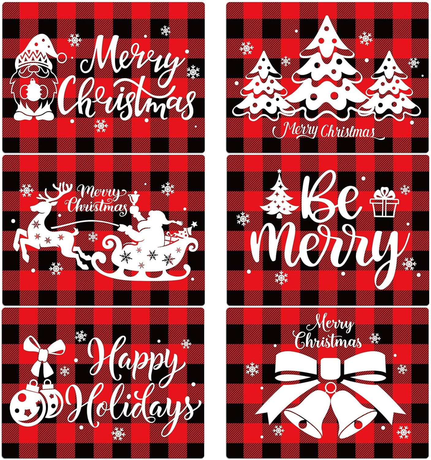 Christmas Placemats Set of 6 Red and Black Plaid Table Mats Plastic