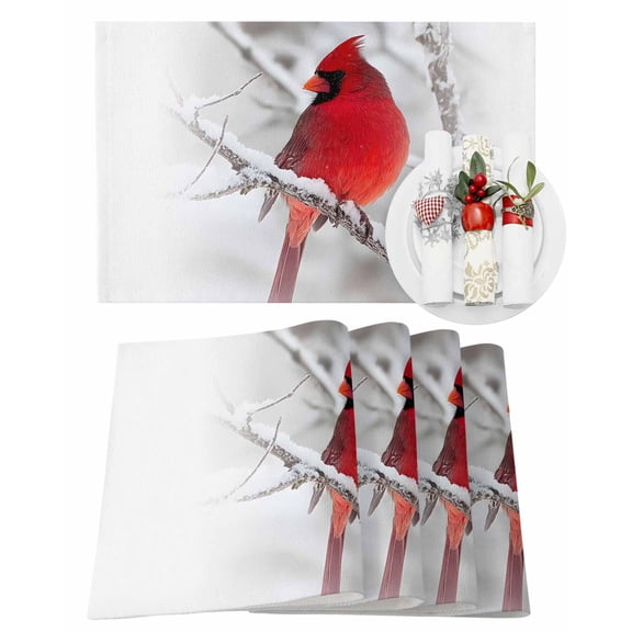 Christmas Placemats Set of 6, Red Cardinal Bird Place Mats Winter Snowy Branch Placemat Table Decoration for Kitchen Table Dinner Xmas Holiday Party Home Decor Indoor Outdoor 13x19 Inch