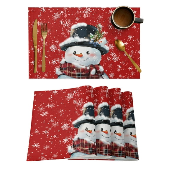 Christmas Placemats Set of 6, Red Snowman Pine Cones Xmas Winter Snowflake Placemats for Dining Table, Place Mats for Kitchen Tabletop, Waterproof Wipeable Dining Table Mats Set