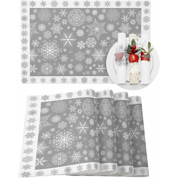 Christmas Placemats Set of 6 Snowflake Christmas Placemats for Dining Table Geometric Snowflake Gray Table Mat Winter Holiday Home Party Kitchen Table Decorations