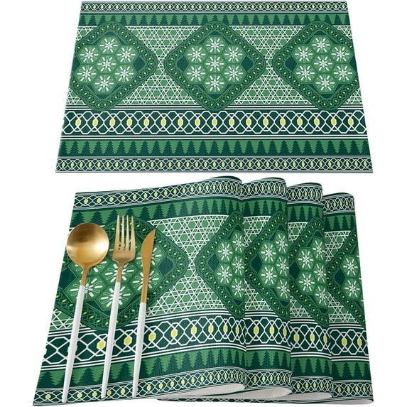 Christmas Placemats Set of 6, Snowflake Pine Tree Placemat for Dining Table Decorations, Cotton Linen Green Geometric Boho Style Place Mats, Xmas Table Mats for Kitchen Dinner Holiday Party Decor Gift