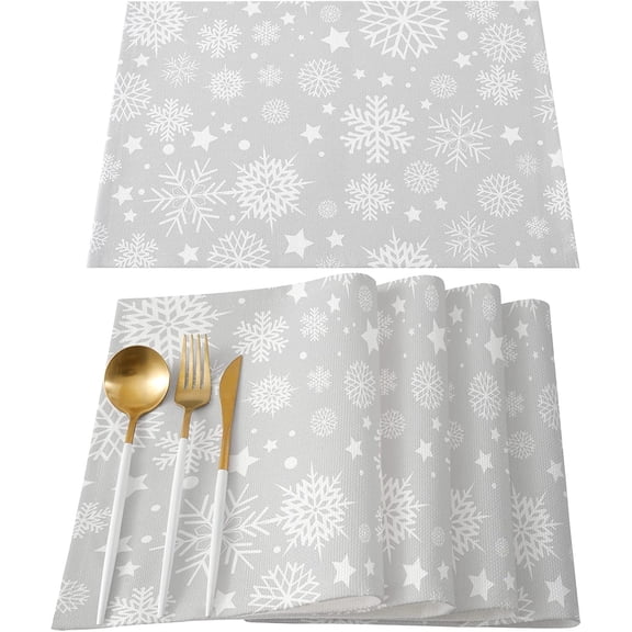 Christmas Placemats Set of 6, Snowflake Placemat for Dining Table Decorations, Cotton Linen Gray White Place Mats, Xmas Table Mats for Kitchen Dinner Holiday Party Decor Gift