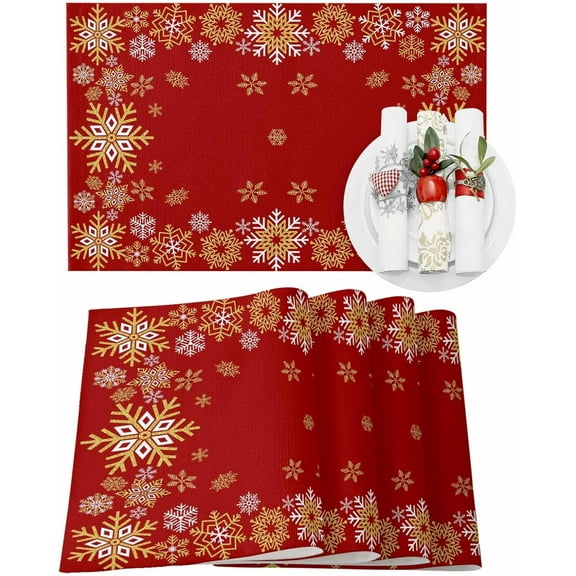 Christmas Placemats Set of 6 Snowflake White Gold Christmas Placemats for Dining Table Red Table Mat Winter Holiday Home Party Kitchen Table Decorations