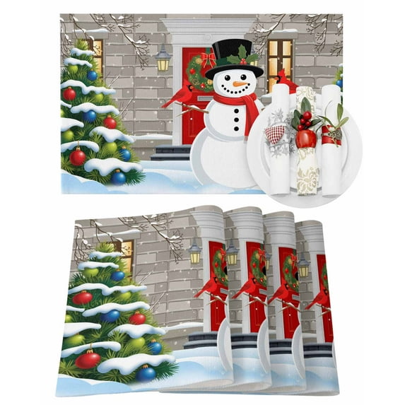 Christmas Placemats Set of 6, Snowman Cardinal Bird Place Mats Berry Wreath Pine Trees Placemat Table Decoration for Kitchen Table Dinner Xmas Holiday Party Home Decor Indoor Outdoor 13x19 Inch