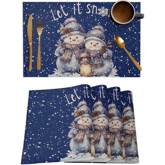 Christmas Placemats Set of 6, Snowman Placemat for Dining Table Decorations, Cotton Linen Snowflake Blue Place Mats, Xmas Table Mats for Kitchen Dinner Holiday Party Decor Gift