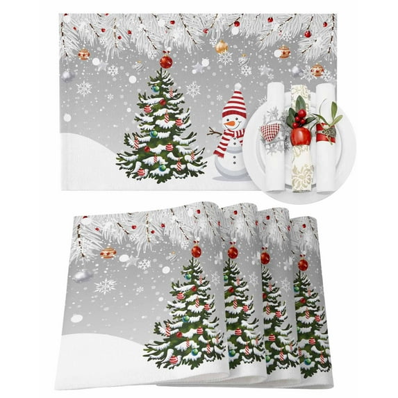 Christmas Placemats Set of 6 Snowman Snowflake Xmas Tree Ball Winter Grey Heat Insulation Washable Place Mats, Rustic Non-Slip Table Mats for Dining Table Party Kitchen Decor,13x19 Inch